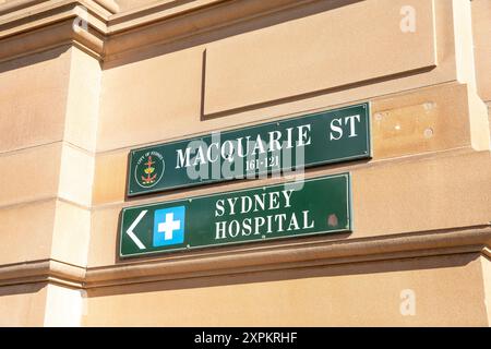 Sydney Australie, Macquarie panneau de rue et directions à l'hôpital de Sydney, NSW, Australie Banque D'Images