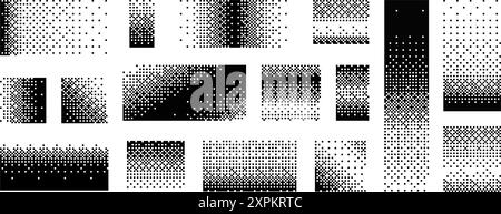 Bordure de dégradé bitmap définie. Collection de demi-teintes à points noirs. Rectangle pixélisé et élément de décoration carré pour bannière, affiche, publicité, carte, couverture. Formes géométriques vectorielles Illustration de Vecteur