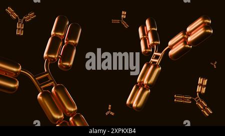 rendu 3d des molécules d'anticorps d'or dispersées dans le fond noir Banque D'Images