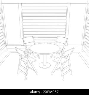 Contour du belvédère. Silhouette linéaire de contour noir. Contour d'une maison d'été avec des bancs, une table et un toit. Illustration vectorielle. 3D.. Illustration de Vecteur