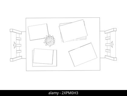 Contour d'une table rectangulaire avec deux chaises faites de lignes noires isolées sur un fond blanc. Livres et crayons gisent sur la table. Plac pour enfants Illustration de Vecteur