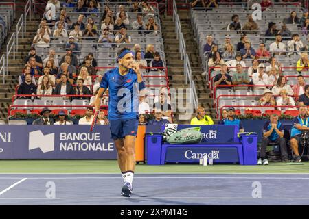 Montréal, Québec, Canada. 6 août 2024. ALEJANDRO TABILO du Chili Happy point en premier set contre Frances Tiafoe des États-Unis en première ronde à la Banque nationale ouverte au stade IGA à Montréal, Québec, Canada le 2024-08-06 (image crédit : © Yannick Legare/ZUMA Press Wire) USAGE ÉDITORIAL SEULEMENT! Non destiné à UN USAGE commercial ! Crédit : ZUMA Press, Inc/Alamy Live News Banque D'Images