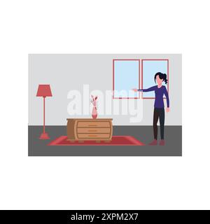 La fille montre l'intérieur de la maison. Banque D'Images