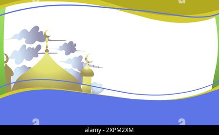 Le thème de fond est le Ramadan et les fêtes islamiques avec des images de mosquées et de nuages avec dégradé de couleurs jaune et bleu dégradé. Illustration de Vecteur