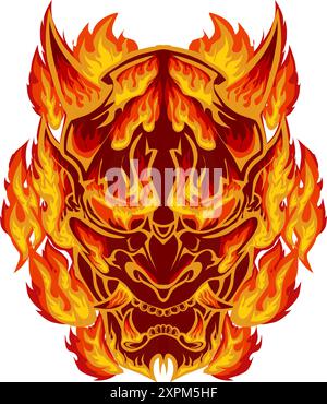 Illustration d'un masque japonais avec un thème de feu. Parfait pour les autocollants, icônes, logos, affiches, bannières Illustration de Vecteur