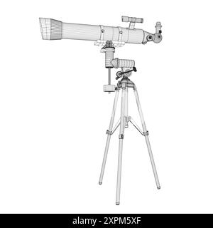 Dessin filaire de télescope - outil d'astronomie. Télescope dans l'illustration vectorielle de contour simple. 3D.. Illustration de Vecteur