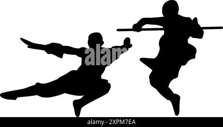 Image de silhouette d'une jeune personne faisant du kung fu sur un fond blanc. Parfait pour les autocollants, logos, icônes et tatouages Illustration de Vecteur