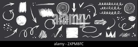 Ensemble de vecteur de pinceau dessiné à la main à la craie de flèche. Grunge carré, spirale, élément de flèche gribouillage ligne brosse dessinée à la main dessin dessin dessin. Craie abstraite grunge, style crayon crayon. Illustration vectorielle. Illustration de Vecteur