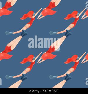 Motif sans couture avec des femmes flottantes dans un style vintage. Natation. Illustration aquarelle sur fond bleu Banque D'Images