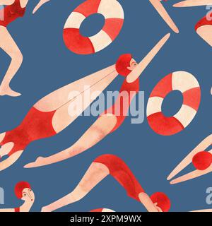 Motif sans couture avec des femmes flottantes dans un style vintage. Natation. Banque D'Images