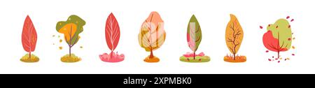 Ensemble botanique d'automne d'arbres verts et rouges. Orange végétation folklorique. Fond blanc de vecteur isolé Illustration de Vecteur