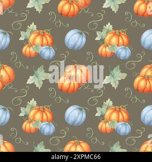 Citrouilles orange et bleues avec fond de feuilles vertes. Motif aquarelle sans couture idéal pour le papier d'emballage sur le thème de l'automne, les textiles, les fournitures de fête et les décorations saisonnières Banque D'Images