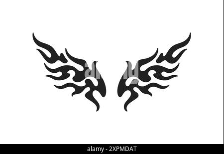 Y2K néo gothique abstrait flamme de feu ailes ange silhouette noir tatouage icône vecteur plat illustration. Psychédélique tribal flammable futuriste Illustration de Vecteur
