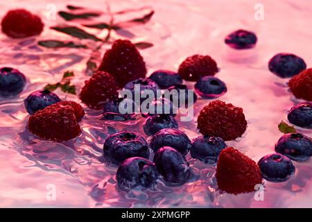 framboises fraîches et bleuets flottant dans l'eau, baignés de néon rose doux, créent une scène vibrante et appétissante, parfaite pour l'été Banque D'Images