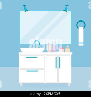 Salle de bains avec lavabo et miroir. Intérieur de la maison de salle de bain avec des articles d'hygiène. Lavabo avec robinet, armoire, grand miroir, graphiques vectoriels Illustration de Vecteur