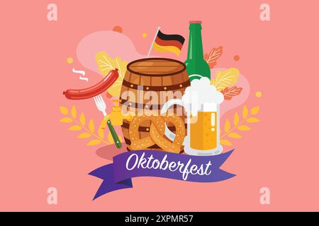 Bannière Oktoberfest avec saucisse en fût de bière et bretzel. Illustration vectorielle plate de dessin animé Illustration de Vecteur