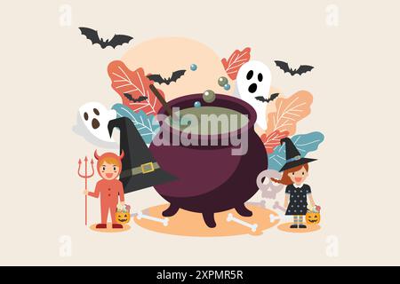 Chaudron de sorcière avec des enfants en costume d'halloween. Carte de voeux fête d'Halloween. Illustration vectorielle Illustration de Vecteur