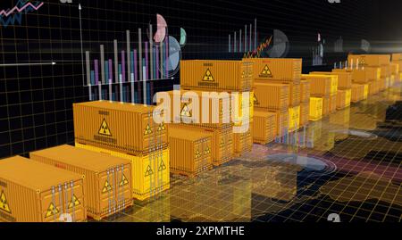 Déchets radioactifs et conteneurs de cargaison nucléaire sur les cartes et diagrammes concept d'affaires. Illustration 3d de la boîte d'expédition industrielle de symbole d'énergie atomique. Banque D'Images