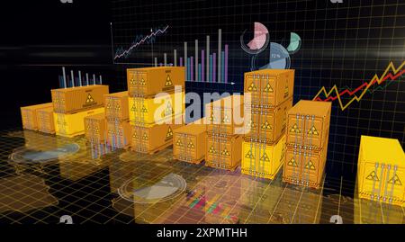 Déchets radioactifs et conteneurs de cargaison nucléaire sur les cartes et diagrammes concept d'affaires. Illustration 3d de la boîte d'expédition industrielle de symbole d'énergie atomique. Banque D'Images