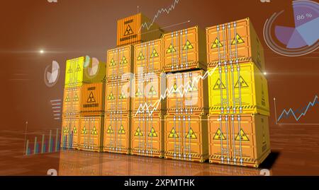 Déchets radioactifs et conteneurs de cargaison nucléaire sur les cartes et diagrammes concept d'affaires. Illustration 3d de la boîte d'expédition industrielle de symbole d'énergie atomique. Banque D'Images