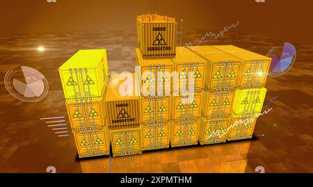 Déchets radioactifs et conteneurs de cargaison nucléaire sur les cartes et diagrammes concept d'affaires. Illustration 3d de la boîte d'expédition industrielle de symbole d'énergie atomique. Banque D'Images