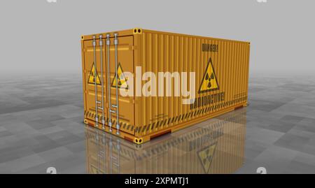 Déchets radioactifs et conteneurs de cargaison nucléaire dans le concept d'affaires ROW. illustration 3d de la boîte d'expédition industrielle de symbole d'énergie atomique. Banque D'Images