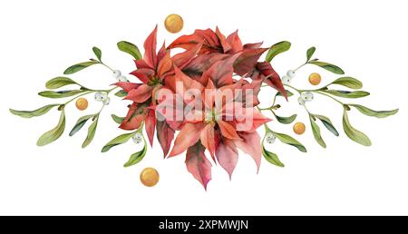 Fleurs de poinsettia, boules d'étoiles dorées, feuilles de gui. Aquarelle illustration dessinée à la main, bouquet boutonnière isolé sur blanc. Noël, heureux nouveau Banque D'Images