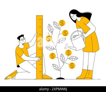 Croissance de l'arbre de l'argent. Financer les investissements. Augmenter le profit gagnant, le succès dans le concept de gestion de patrimoine, les investisseurs intelligents arrosant l'usine d'argent en croissance. V Illustration de Vecteur