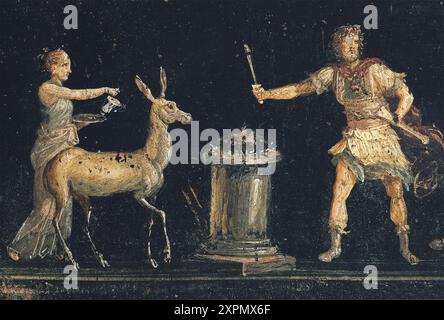 Scène de sacrifice en l'honneur d'Artémis-Diana qui est accompagné d'un cerf. Fresque du triclinium de la maison de Vettii à Pompéi Italie, entre 62 EC et 79 EC (destruction de Pompéi). Maison des Vettii est un domus situé dans la ville romaine Pompéi Banque D'Images