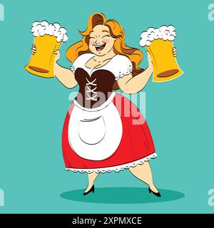 Femme joyeuse en tenue bavaroise traditionnelle, serveuse servant deux tasses à bière mousseuse sur fond vert. Illustration vectorielle Illustration de Vecteur