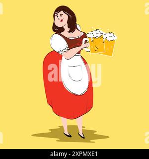 Femme de style dessin animé en tenue traditionnelle bavaroise, serveuse tenant deux tasses de bière mousseuse sur fond jaune. Illustration vectorielle Illustration de Vecteur