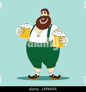 Joyeux homme barbu heureux dans des vêtements bavarois traditionnels tenant deux tasses à bière mousseuse sur fond bleu clair. Illustration vectorielle Illustration de Vecteur