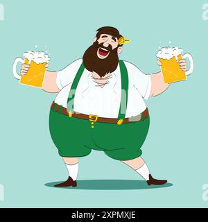Heureux homme barbu souriant dans des vêtements bavarois traditionnels tenant deux tasses de bière mousseuse sur fond bleu clair. Illustration vectorielle Illustration de Vecteur