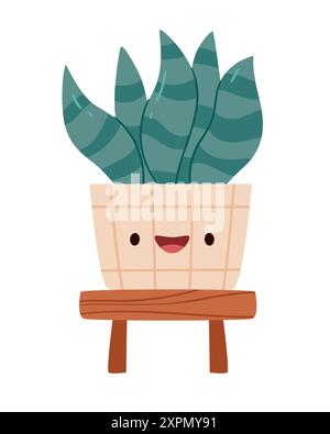 Une succulente mignonne dans un pot est souriante. Personnages plantaires du désert drôles avec visage. Personnages drôles de plantes désertiques avec visage. Illustration de Vecteur