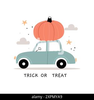 La voiture transporte une grosse citrouille. Voiture de saison d'automne avec récolte isolée sur fond blanc. Mignon adorable illustration de vacances d'Halloween pour les enfants je Illustration de Vecteur