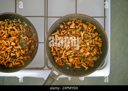 Vue aérienne de la friture des champignons chanterelles dans deux poêles à frire sur cuisinière à gaz dans la cuisine Banque D'Images