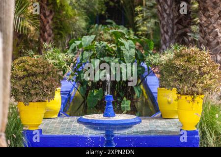 Fontaine avec bassin, peinte en bleu Majorelle, dans le jardin éponyme de Marrakech Banque D'Images