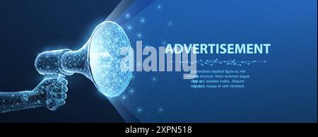 Corne de taureau. Mégaphone 3d abstrait sur fond bleu. Communication, message d'annonce, discours de cri, concept d'alerte d'avertissement. Illustration de Vecteur