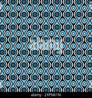 Retro Seventies Noir et Bleu Mid Century Flowers Pattern Banque D'Images