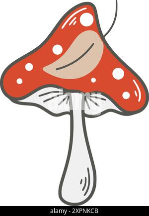 Champignon toxique rouge avec des points blancs et des feuilles, clipart, graphiques vectoriels. Agarique de mouche de forêt isolé sur fond blanc Illustration de Vecteur