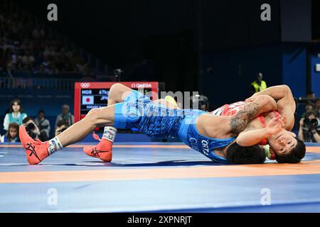 SOGABE Kyotaro Japan (JPN) vs Luis Alberto ORTA SANCHEZ (CUB), Mgr 67kg 1/8 Wrestling au champ-de-mars Arena, lors des Jeux Olympiques de Paris 2024, 07 août 2024, Paris, France. Crédit : Enrico Calderoni/AFLO SPORT/Alamy Live News Banque D'Images