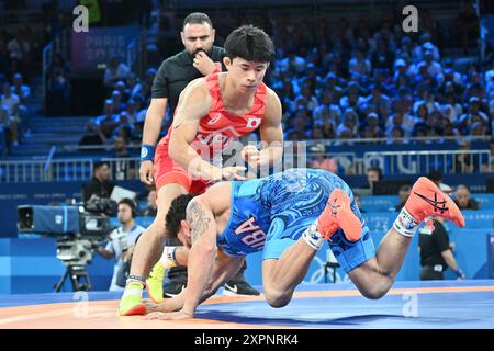 SOGABE Kyotaro Japan (JPN) vs Luis Alberto ORTA SANCHEZ (CUB), Mgr 67kg 1/8 Wrestling au champ-de-mars Arena, lors des Jeux Olympiques de Paris 2024, 07 août 2024, Paris, France. Crédit : Enrico Calderoni/AFLO SPORT/Alamy Live News Banque D'Images