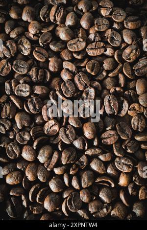 Une vue de dessus de grains de café torréfiés dispersés étalés, mettant en évidence leur texture et leur couleur riches. Banque D'Images