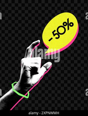Bannière. Collage d'art contemporain. Gestes de la main vers la bulle de discours en disant moins cinquante pour cent. Style vintage. Banque D'Images