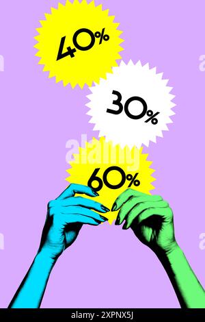 Affiche. Collage d'art contemporain. Deux mains, l'une bleue et l'autre verte, tiennent des affiches de vente jaune et blanche indiquant des rabais de 40, 30 et 60 Banque D'Images