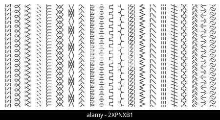 Coutures verticales sans couture. Broderie noire zigzag, lignes et motifs de couture de bordure de franges pour la conception textile, éléments de couture. Ensemble isolé de vecteur Illustration de Vecteur