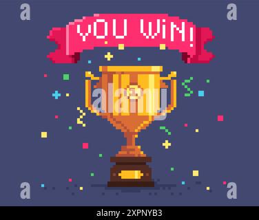 Fond de coupe de gagnant de pixel. Trophée en métal or rétro de dessin animé avec ruban rouge, actif de trophée gagnant de jeu 8 bits. Félicitation vectorielle Illustration de Vecteur