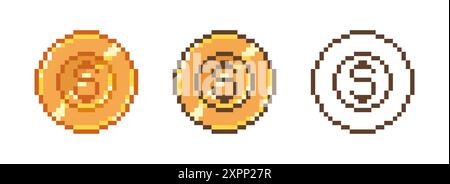 Icône de pièce de monnaie pixel. Rétro 8 bits argent jaune or, actif de pièces de jeu d'arcade, sprite 2D 16 bits pour actif de jeu, dollar pixelisé doré de dessin animé. Vecteur Illustration de Vecteur