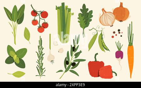 Légumes italiens. Ingrédients alimentaires de dessin animé, mélange de salade dessiné à la main, cuisine végétarienne végétalienne de ferme. Ensemble isolé de vecteur. Oignons, pois et poivrons Illustration de Vecteur