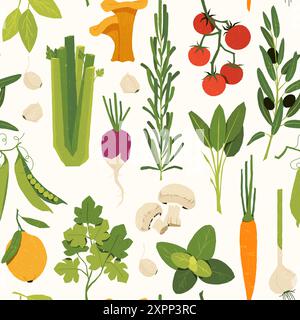 Motif herbes italiennes. Impression sans couture de légumes méditerranéens et de plantes de ferme avec basilic persil romarin Chili ail oignon tomate, plantes à feuilles Illustration de Vecteur